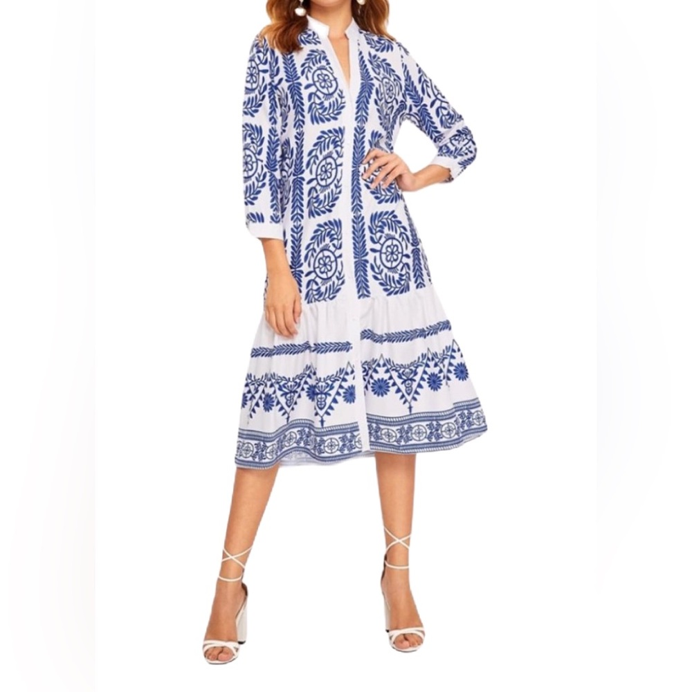 Zara Tribal Print Shirt Dress Blue and White